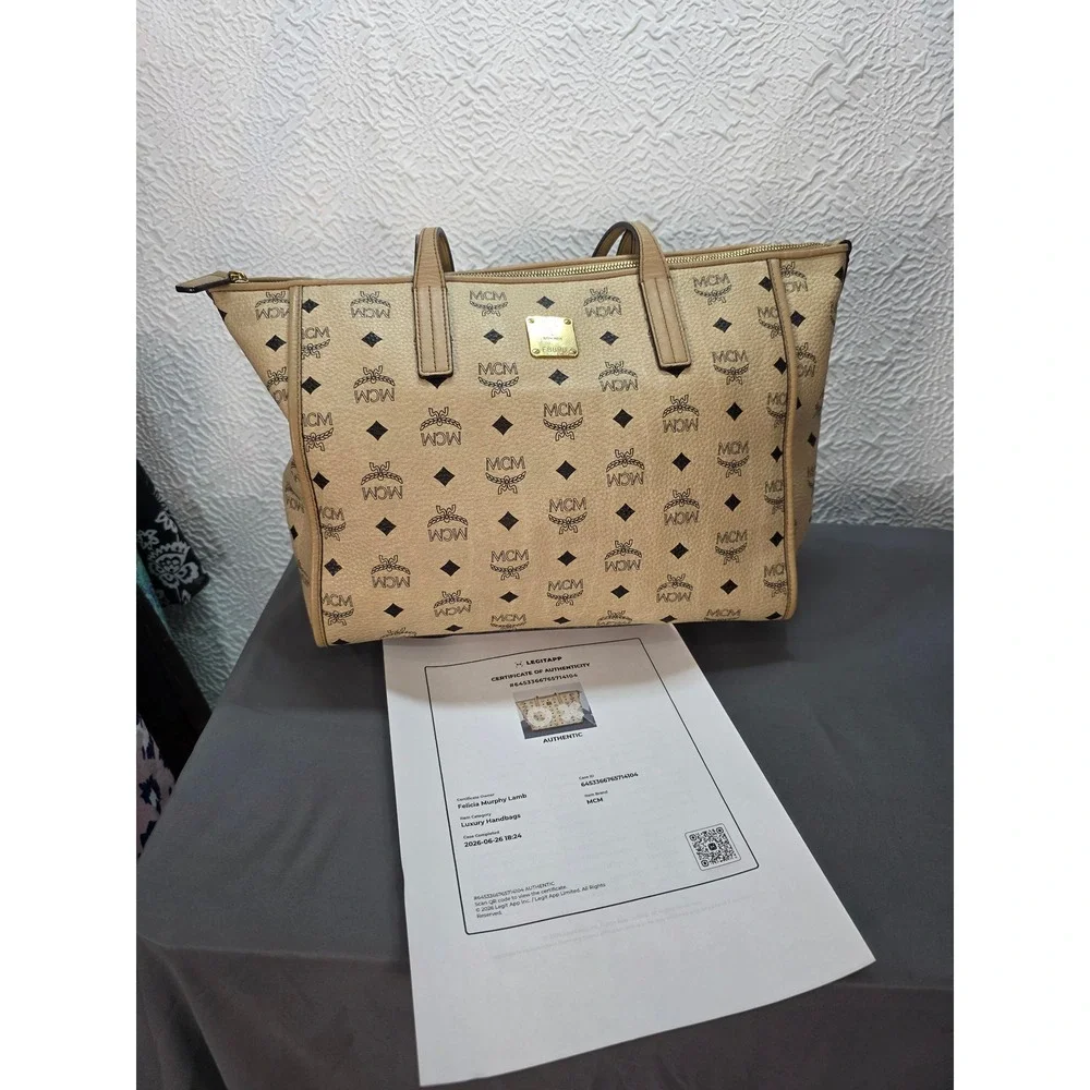 MCM Anya Top Zip Medium Shopper Women Medium Beige Good COA‎ Visetos Tote Bag
